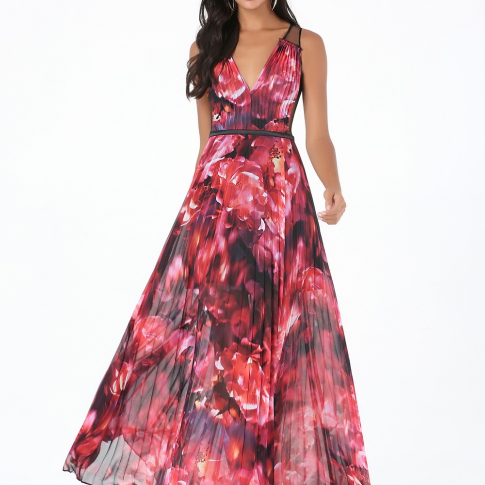 Bebe Pleated Floral Chiffon Maxi dress / gown